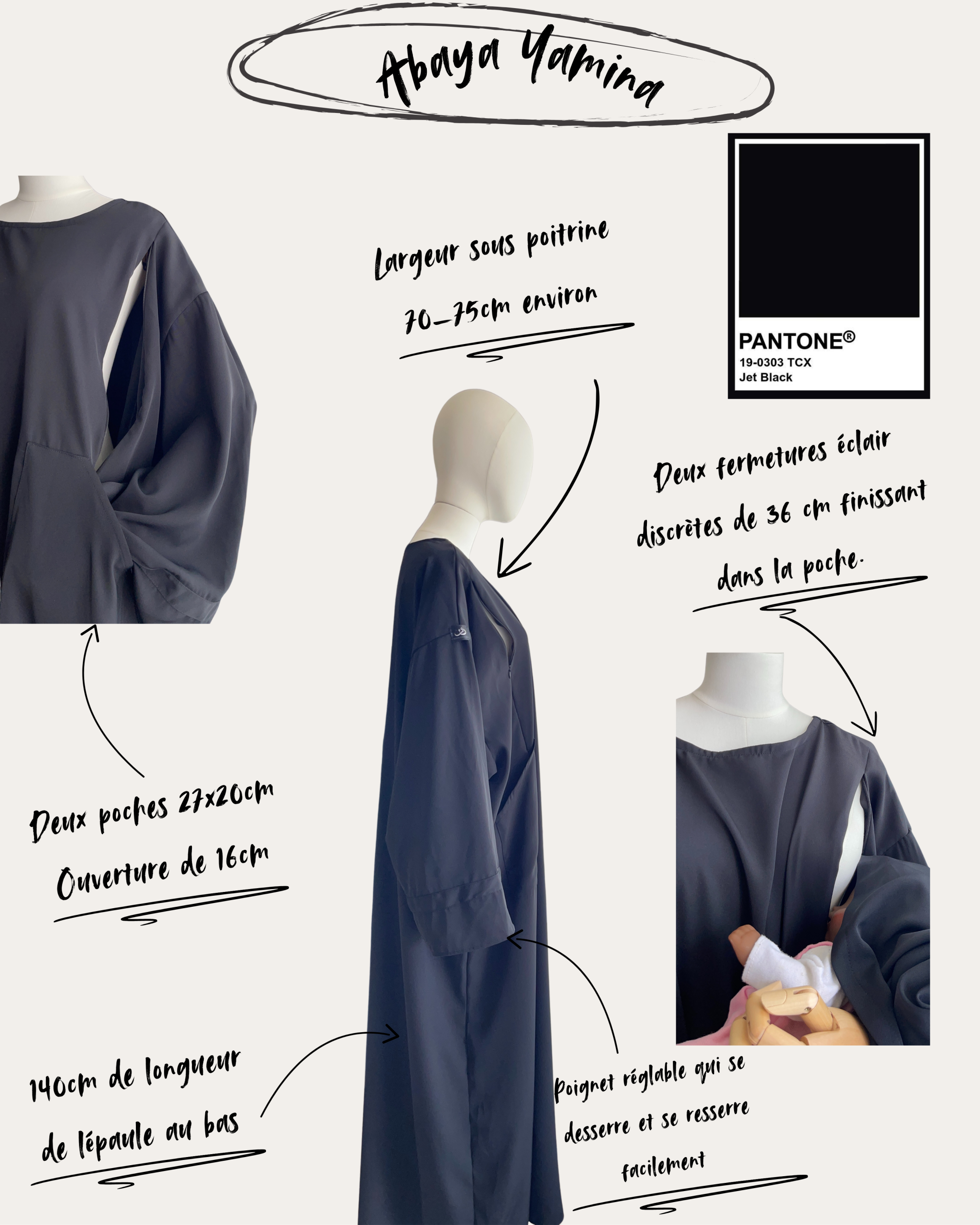Abaya Allaitement Yamina – Noire, Fluide en Crêpe Nidha et Confortable – Image 2